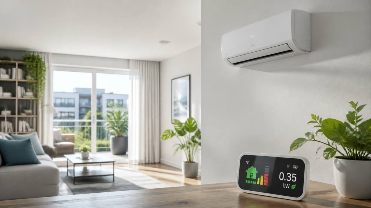 Ar condicionado eficiente em sala moderna com monitor de energia