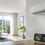 Ar condicionado eficiente em sala moderna com monitor de energia