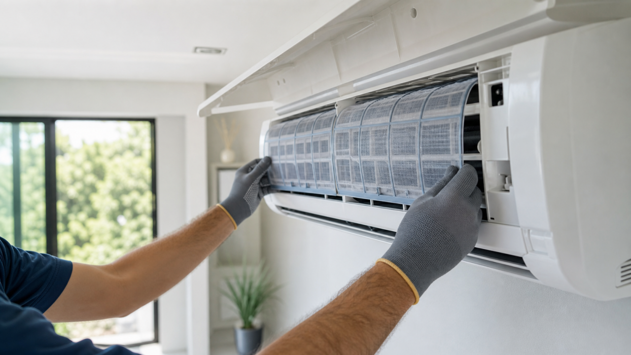 Técnico a verificar a manutenção de um ar-condicionado mural