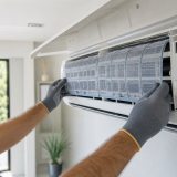 Técnico a verificar a manutenção de um ar-condicionado mural